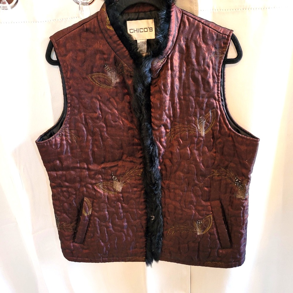 Chicos Jacket Vest Maroon Metallic Quilted Rabbit Fur Oversized L Feather 16363